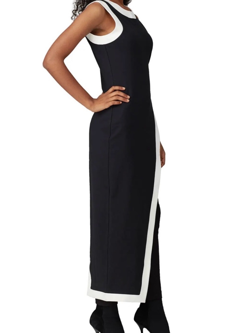 STAUD Black and Cream Colorblock Asymmetrical Midi Dress